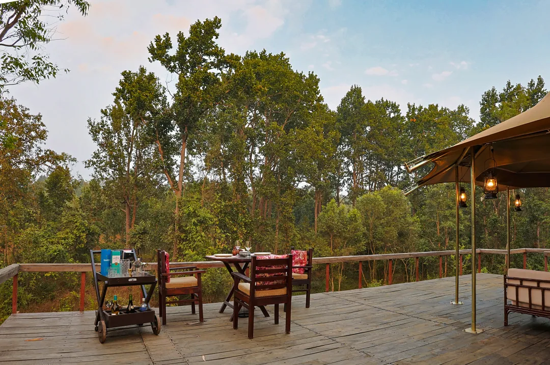 The Chief's Tent deck with tables and chairs looking out over the forest canopy