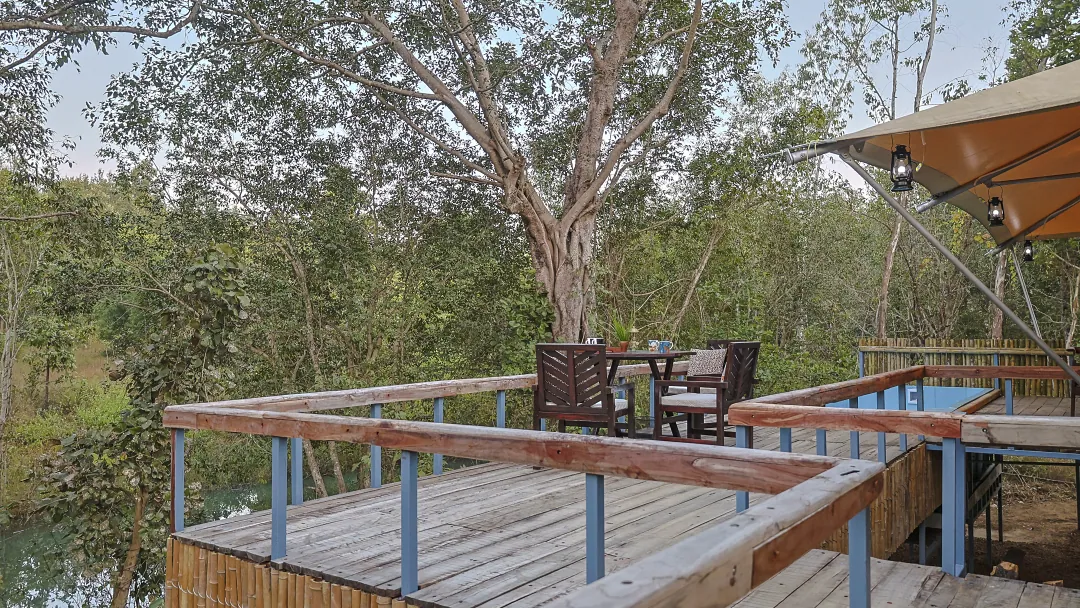 The King's Tent deck with chairs and a table above the forest